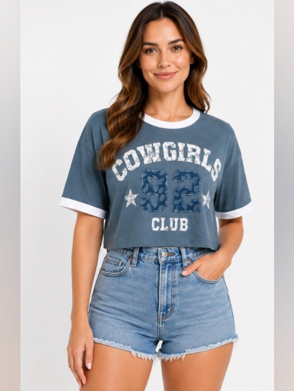 Cowgirls Club Womens Shirt Sz Large Dusty Blue Short Sleeve Retro Western Crop